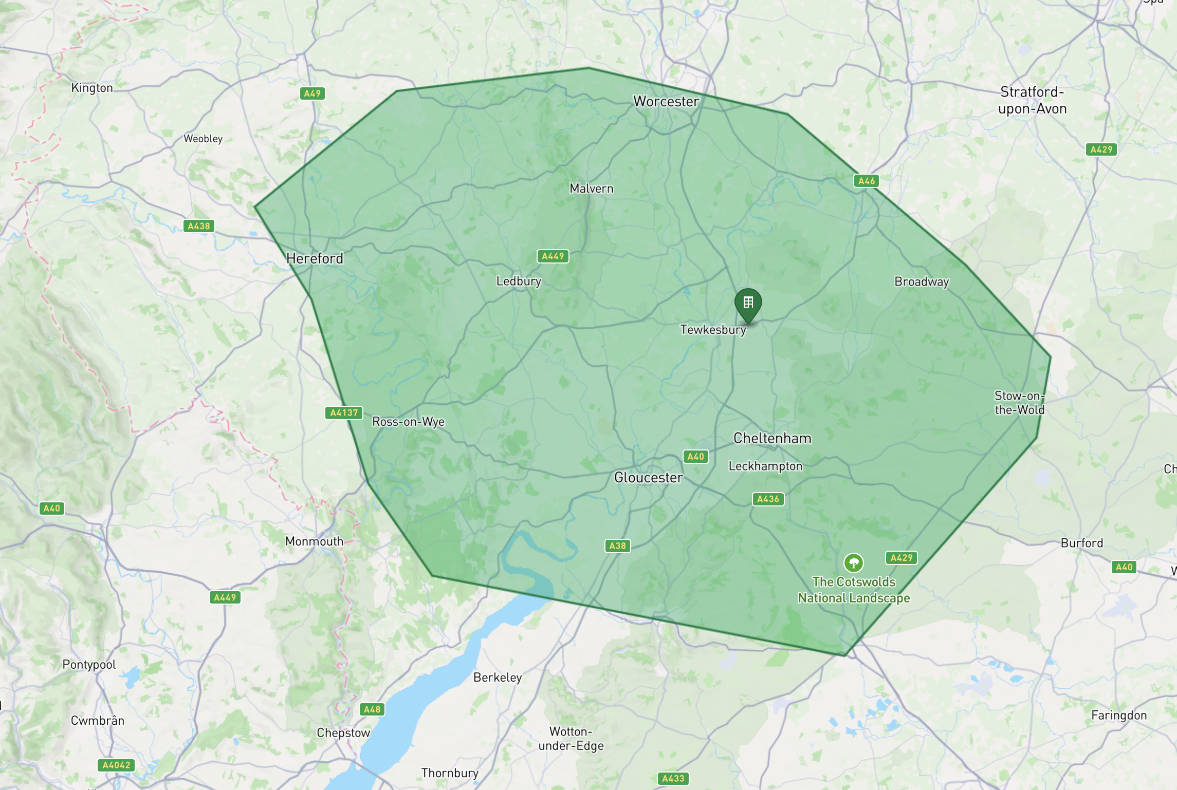 Map showing Flowmix’s Tewkesbury delivery area covering Gloucester, Cheltenham, Ledbury, Malvern, Worcester, Ross-on-Wye, and surrounding Cotswold towns.